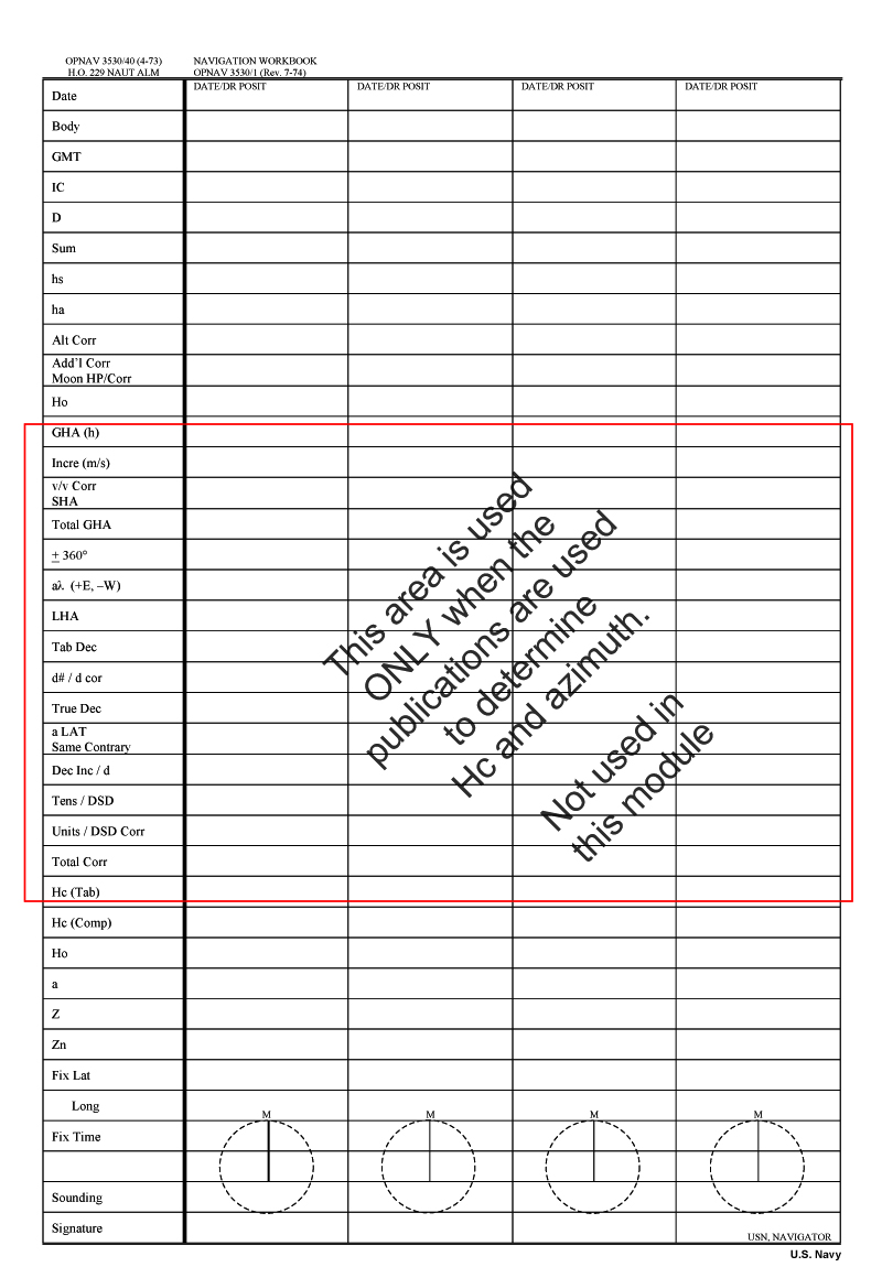 blank sight reduction strip form. the strip form provides a worksheet for working through the sextant corrections and sight reduction for the intercept method.