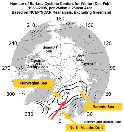 Number of surface cyclone centers, 1958–2005, per 250km × 250km area for winter (Dec-Feb) based on NCEP/NCAR Reanalysis, excluding Greenland