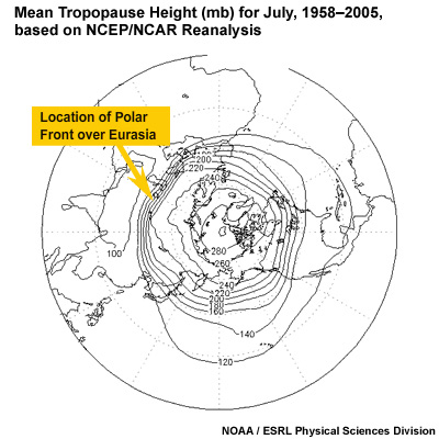Mean MSLP (mb) for July, 1958–2005, based on NCEP/NCAR Reanalysis