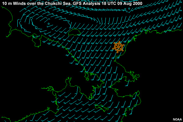 10 m Winds over the Chukchi Sea. GFS Analysis 18 UTC 09 Aug 2000 