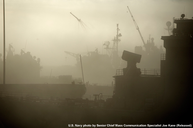 Fog enveloping ships